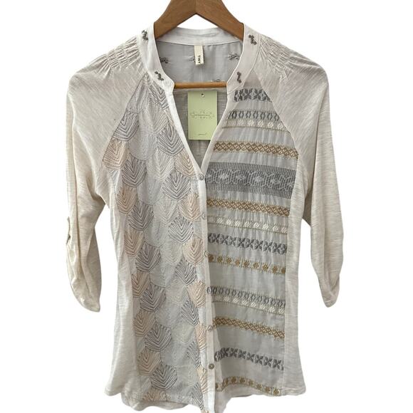 Anthropologie Tiny Button Up Embroidered Shirt White Size Medium Petite - Picture 2 of 11